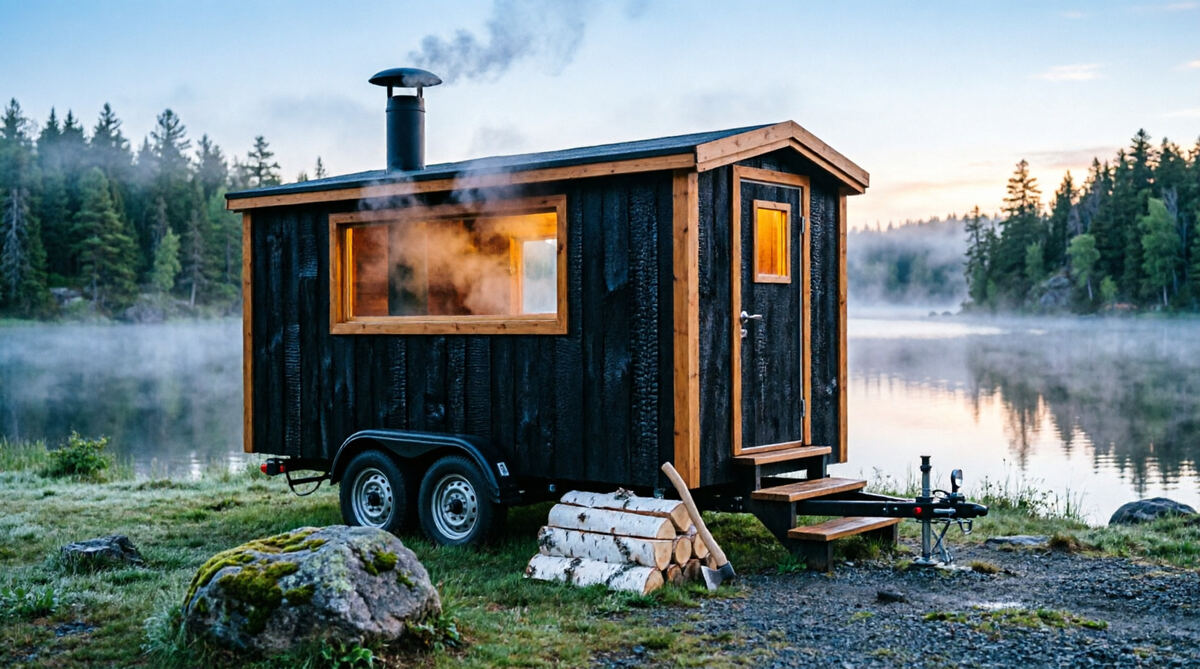 Cedar Six sauna parked at the shoreline, ready for a session