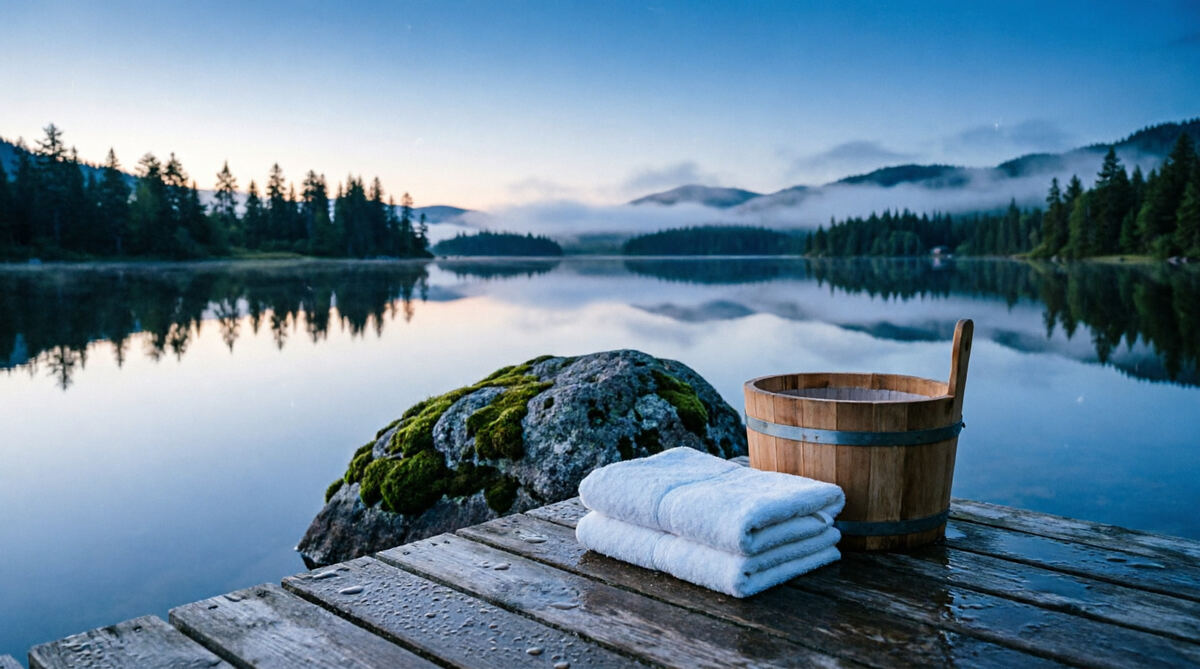 A wooden dock stretching into a still lake at dusk, steam drifting off the water