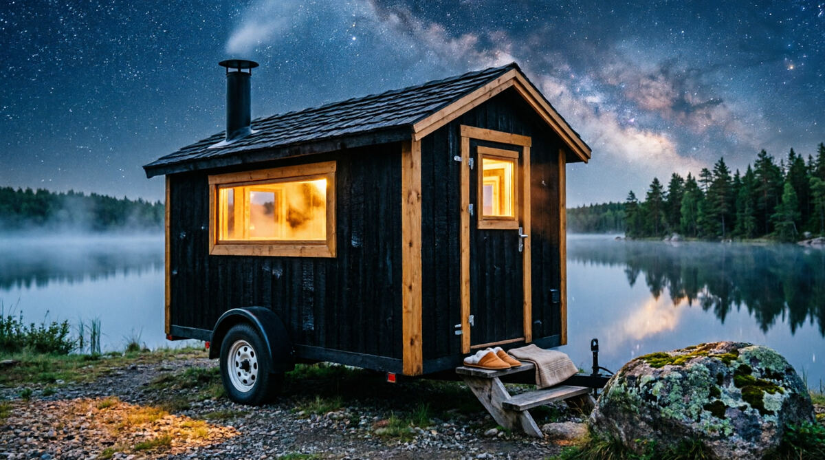 A mobile sauna set up on a lake lot at golden hour