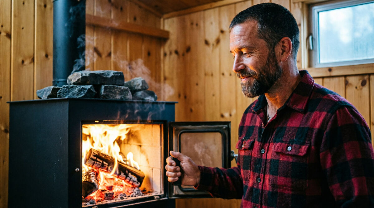 The founder tending the wood stove at dusk