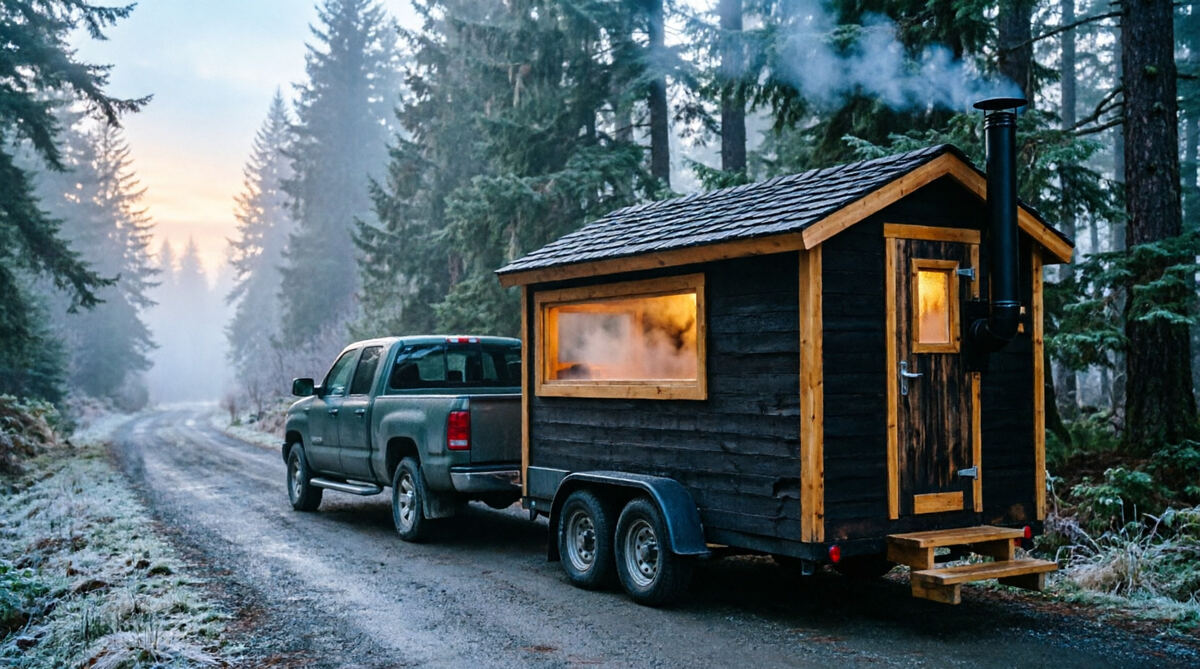 The first sauna on wheels, parked by the lake